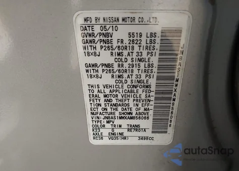 2010 Infiniti Fx35 z USA, uszkodzony, nr VIN JN8AS1MWXAM856066